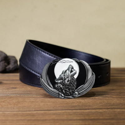 Men's DIY Howling Wolf Moon Oval Buckle Leather Belt