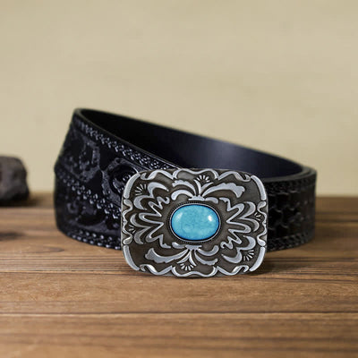 Men's DIY Turquoise Stone Flower Buckle Leather Belt