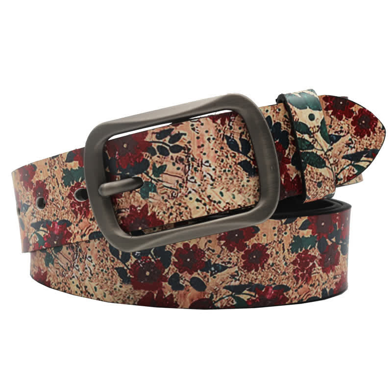 Decorated Red Flower Leaves Printed Leather Belt