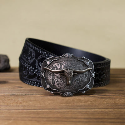 Men's DIY Silver Longhorn Bull Square Buckle Leather Belt