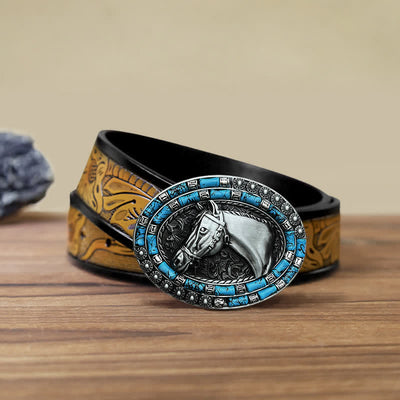 Men's DIY Horse Head Turquoise Buckle Leather Belt