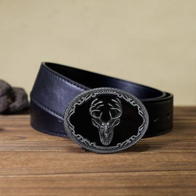 Men's DIY Black Deer Head Buckle Leather Belt