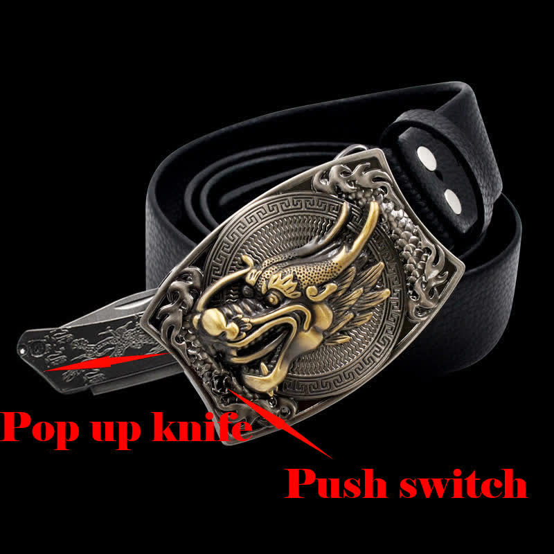 Men's Gold Dragon Head Leather Belt With Folding Knife
