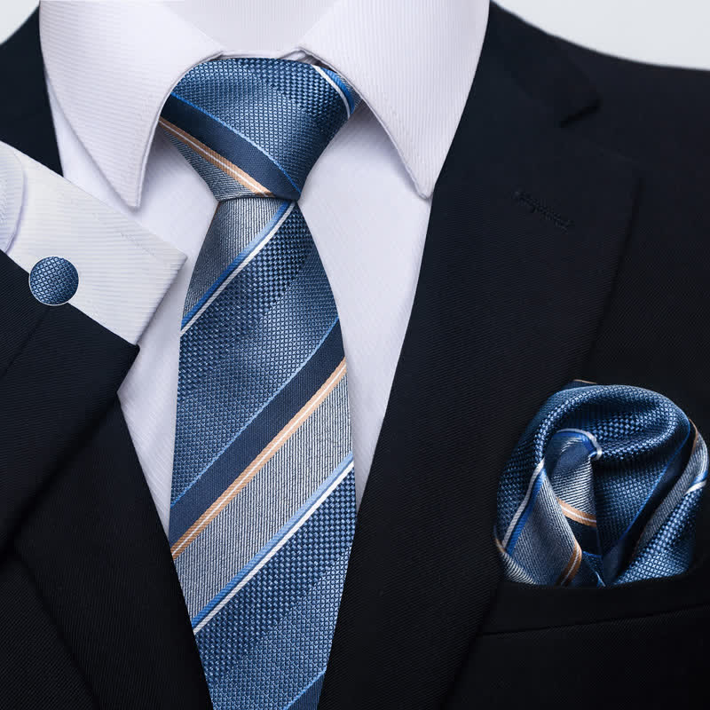 3Pcs Men's Shade of Blue Striped Necktie Set