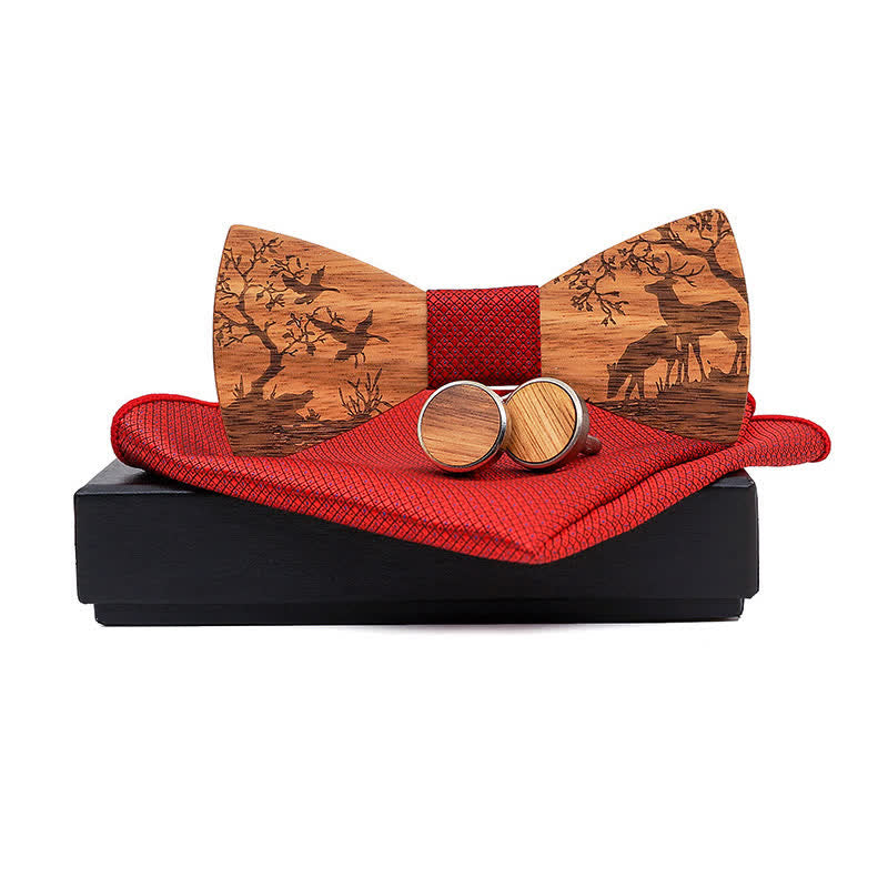 3Pcs Men's Fancy Christmas Elk Wooden Bow Tie Set