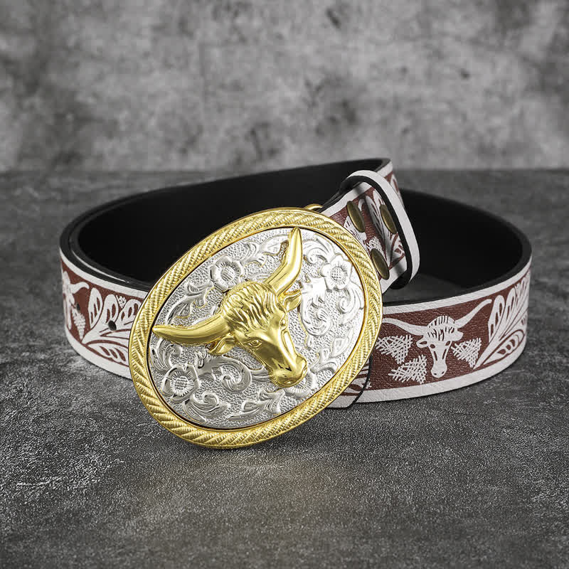 Men's Gold Bull Head Animal White Western Leather Belt