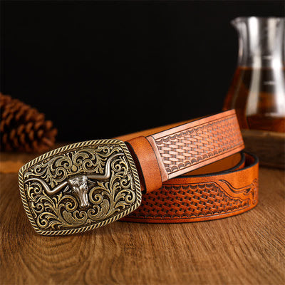 Men's Flower Square Bull Buckle Leather Belt