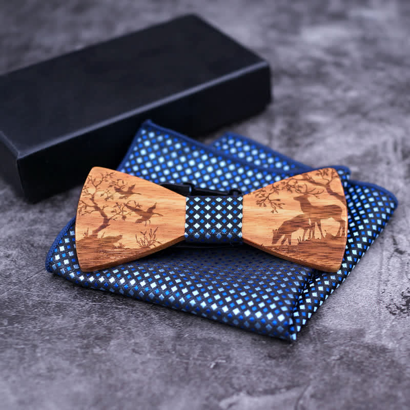 3Pcs Men's Fancy Christmas Elk Wooden Bow Tie Set