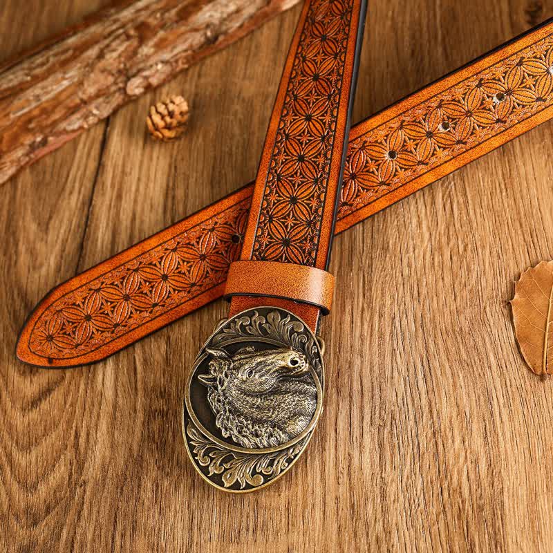 Men's Engraved Horse Floral Print Leather Belt