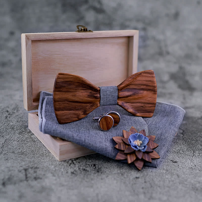 4Pcs Men's Formal Concave Wooden Bow Tie Set