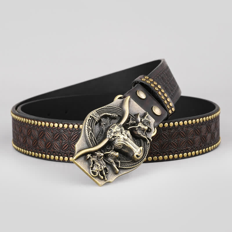 Men's Vintage Western Longhorn Bull Leather Belt