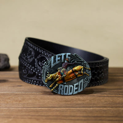 Men's DIY Let's Rodeo Enamel Bull Buckle Leather Belt