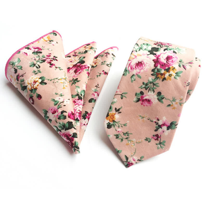 2Pcs Men's Pastel Flower Hanky Necktie Set