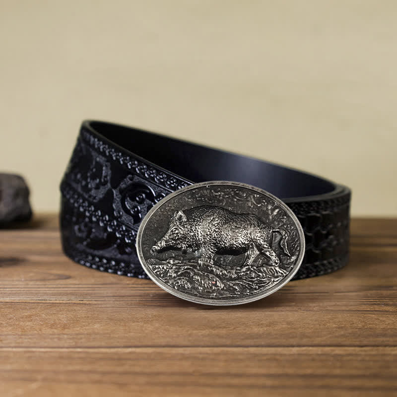 Men's DIY Hunter Wild Boar Buckle Leather Belt