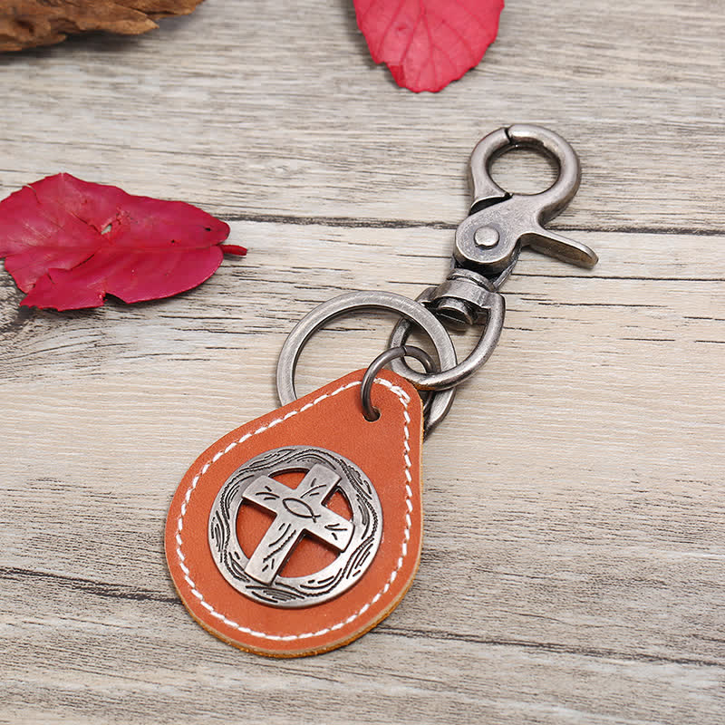 Retro Cross Hanging Pendant Leather Keychain