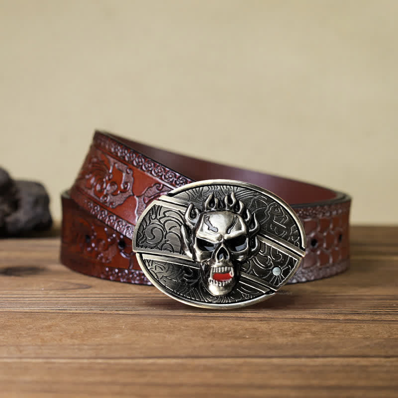 Men's DIY Flame Skull Hidden Folding Knife Leather Belt