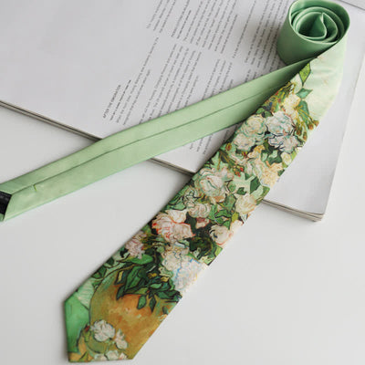 Men's Light Green White Roses Floral Necktie