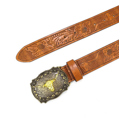 Men's Square Engraved Bull Flower Leather Belt