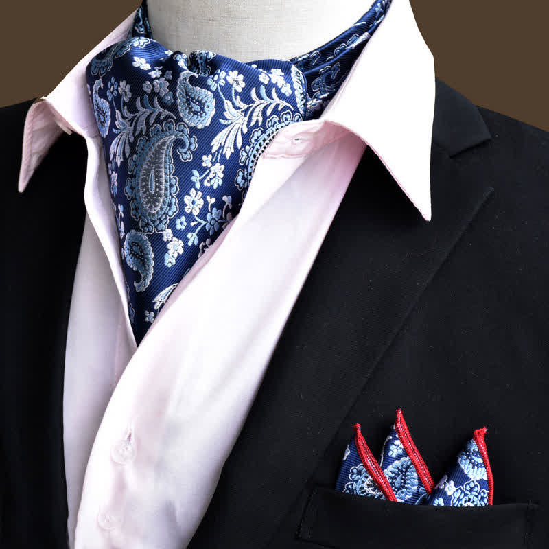 2Pcs DarkBlue Luxury Floral Paisley Pocket Square and Cravat Set