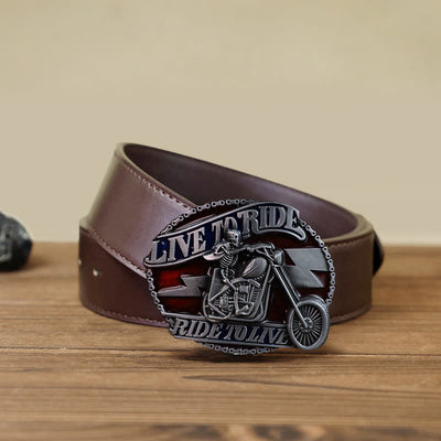 Men's DIY Skull Biker Live to Ride Buckle Leather Belt