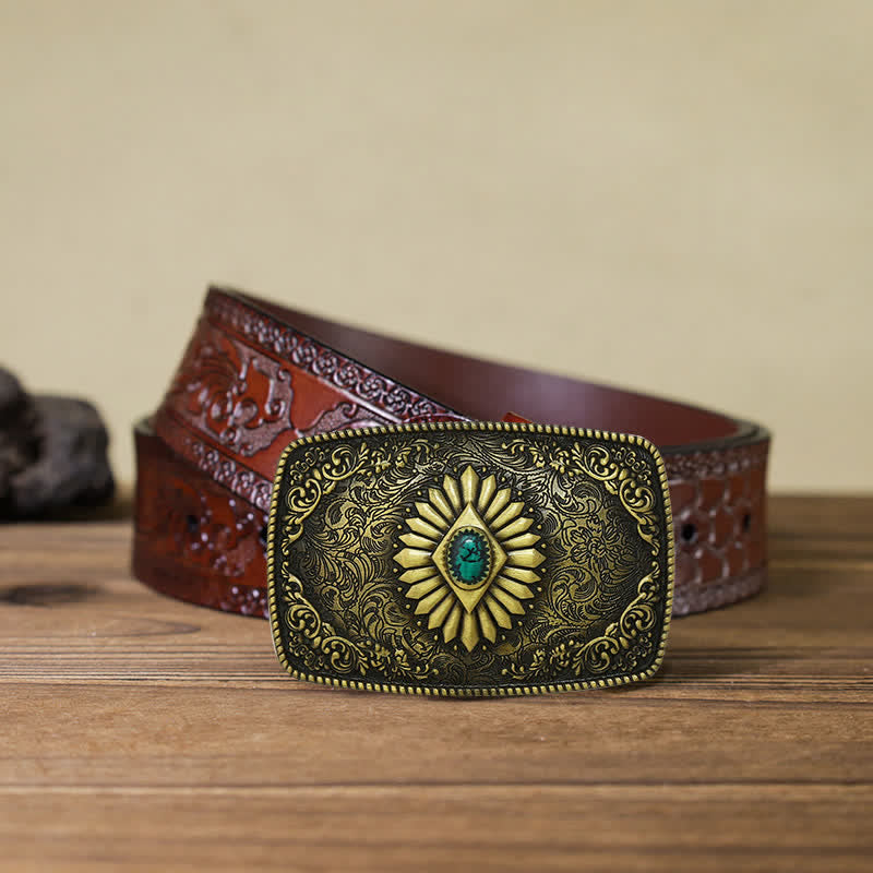 Men's DIY Square Turquoise Western Buckle Leather Belt