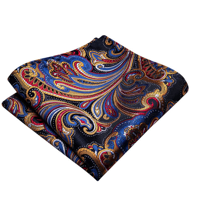 2Pcs Men's Gold & Blue Paisley Bow Tie Pocket Square Set