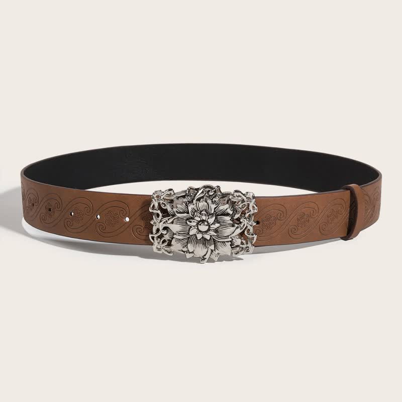 Women's Camel Tone Floral Buckle Leather Belt