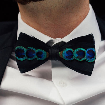 Blue & White Dye Eye Peacock Feather Bow Tie