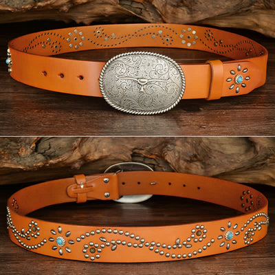 Men's Punk Rivet Longhorn Bull Turquoise Real Leather Belt