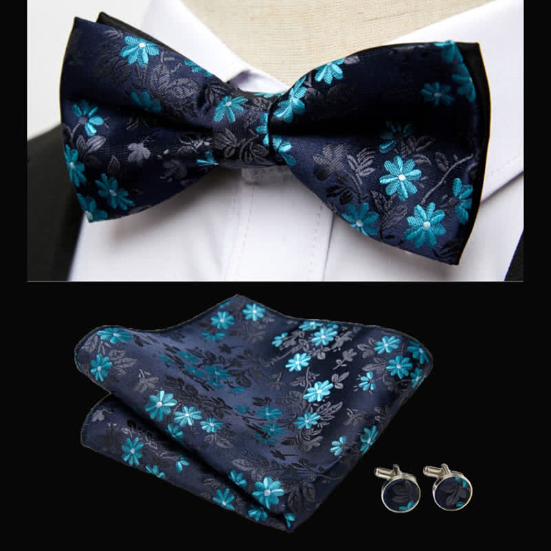 3Pcs Men's Teal & Black Floral Bow Tie Pocket Square Set