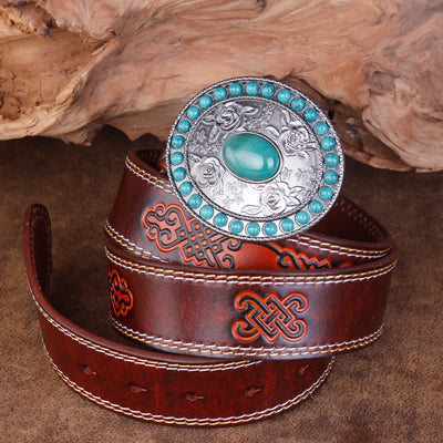 Unisex Carved Rose Turquoise Jade Agate Leather Belt