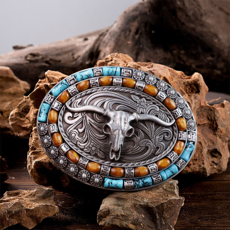 Men's DIY Turquoise Wood Bead Bull Buckle Leather Belt