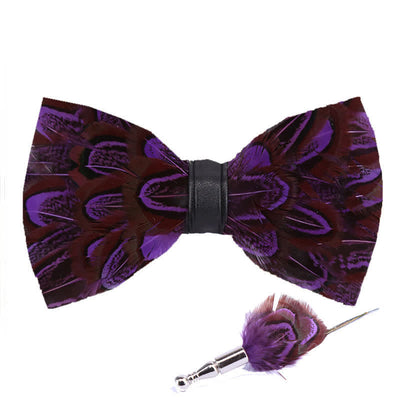 Purple & FireBrick Feather Bow Tie with Lapel Pin