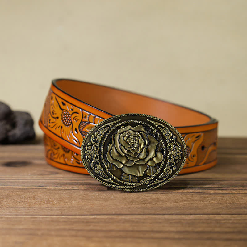 Men's DIY Trendy Western Rose Buckle Leather Belt