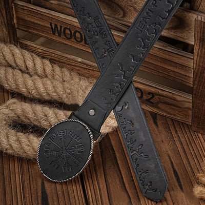 Men's Viking Compass Embossed Pattern Leather Belt
