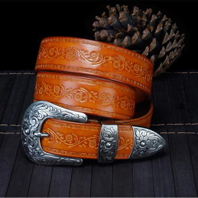 Unisex Rustic Texture Flower Printing Leather Belt