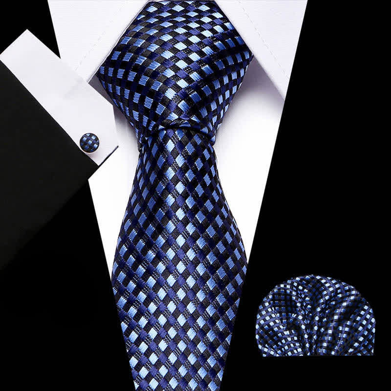 3Pcs Men's Light Blue & Navy Little Checks Necktie Set