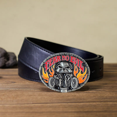 Men's DIY Fear No Evil Skull Motorcycle Buckle Leather Belt