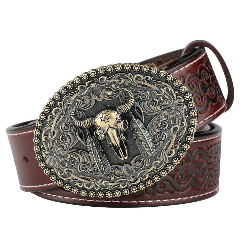 Men's Engarved Feather Bull Jeans Leather Belt