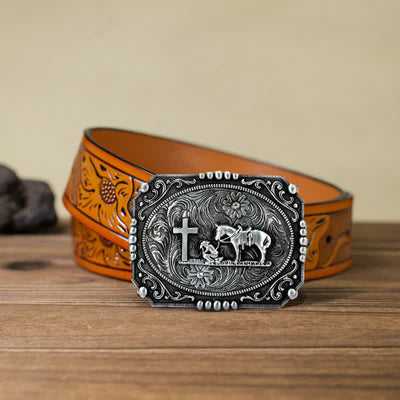 Men's DIY Horse Cross Kneeling Prayer Buckle Leather Belt