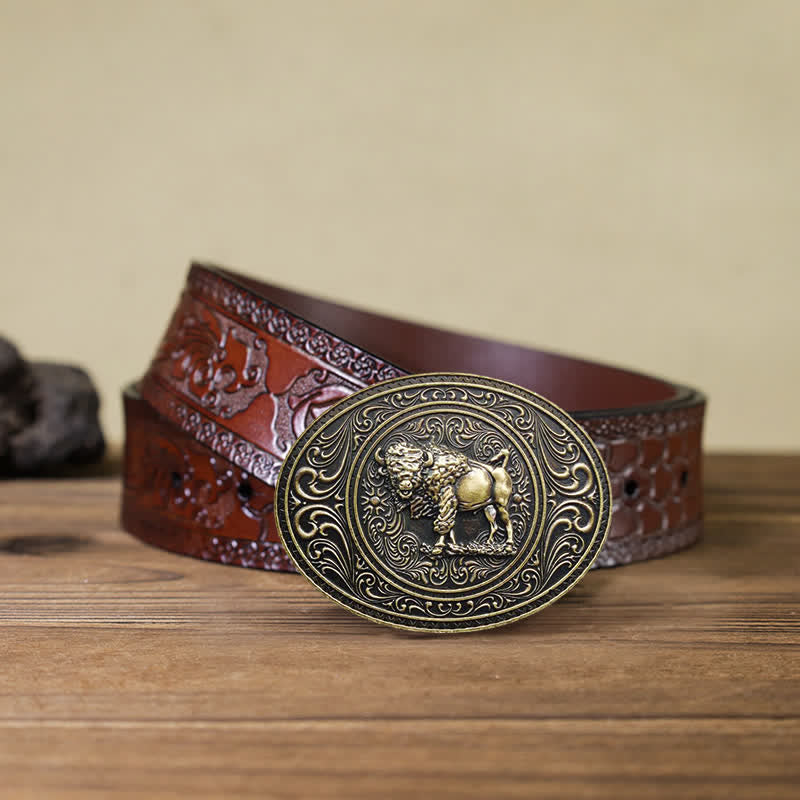 Men's DIY Wild Animal Bear Bull Buckle Leather Belt