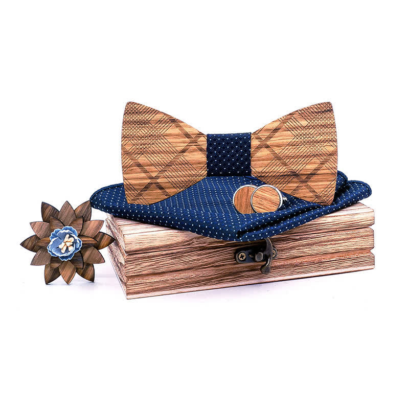 4Pcs Men's Classic Plaids Wooden Bow Tie Set