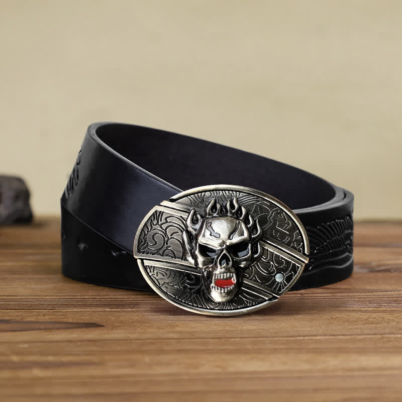 Men's DIY Flame Skull Hidden Folding Knife Leather Belt