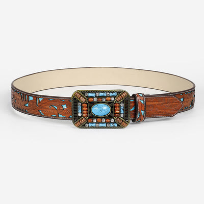 Women's Turquoise Wood Bead Buckle Engraved Leather Belt