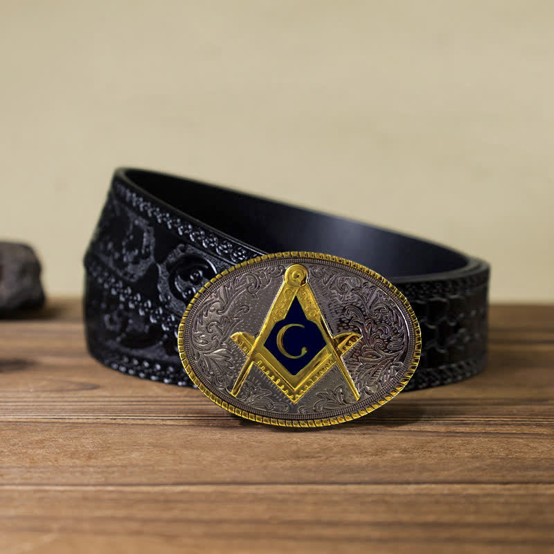 Men's DIY C-Shaped Masonic Oval Buckle Leather Belt