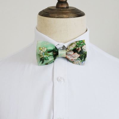 Men's Light Green White Roses Floral Bow Tie