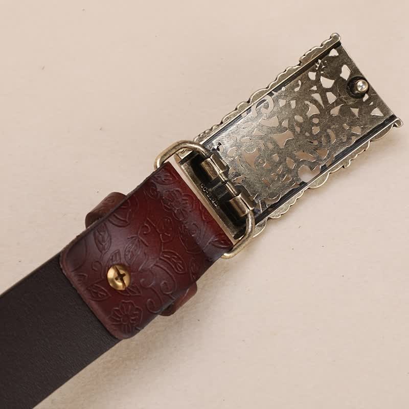 Women's Retro Embossed Hollow Flower Buckle Leather Belt