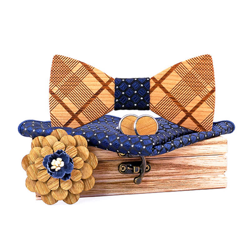 4Pcs Men's Carved Plaids Wooden Bow Tie Set