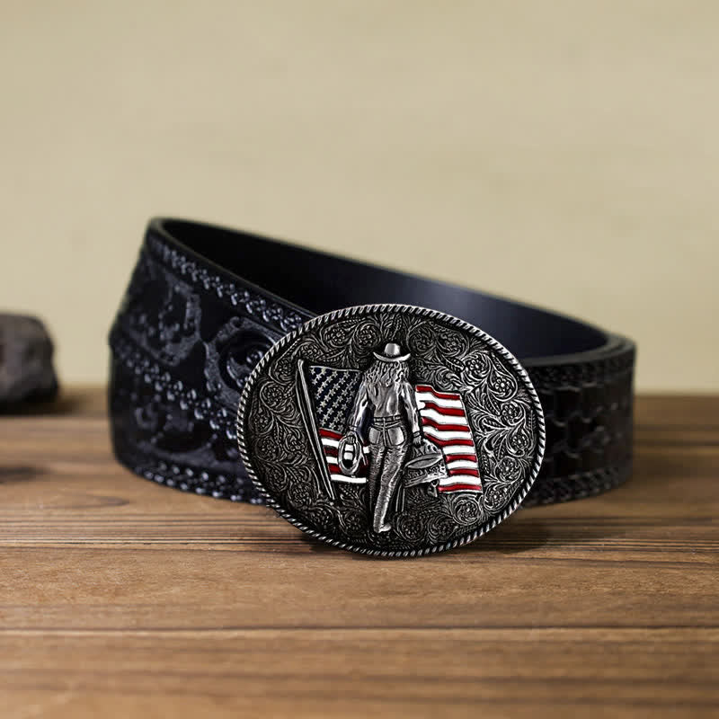 Men's DIY Cowboy American Flag Buckle Leather Belt
