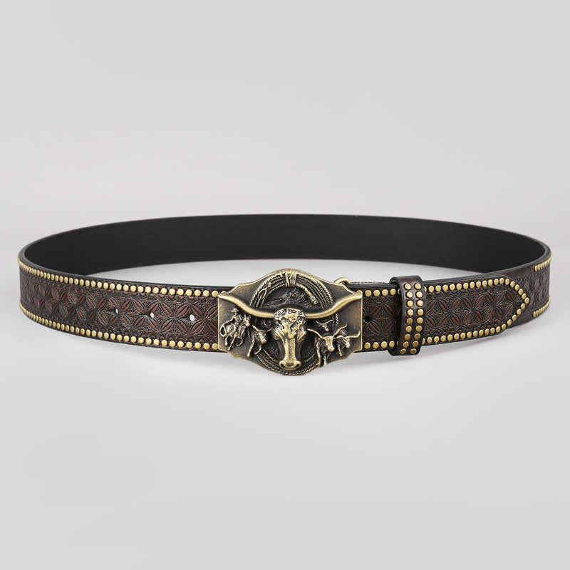 Men's Vintage Western Longhorn Bull Leather Belt